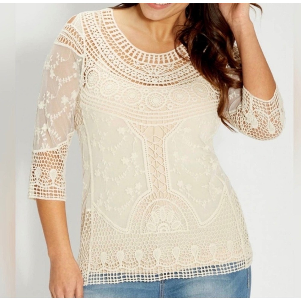 Maurices Crochet Lace Mesh Top Womens 0 Cream Boho Romantic Embroidered